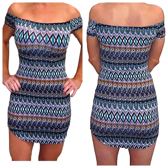 Off the Shoulder Aztec Pattern Bodycon Stretchy Dress Size Small - Picture 1 of 5